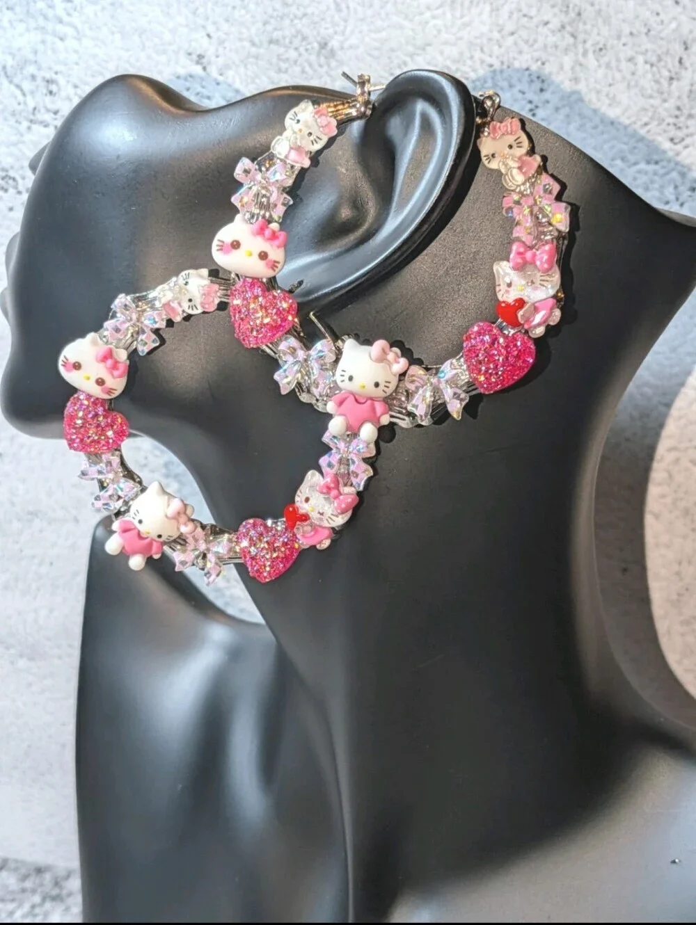 Hand Crafted Pink Hello Kitty Crystal Heart Hoop Earrings